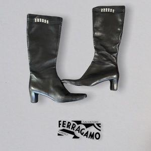 Ferragamo Vintage Black Leather Boots w/ Metal Chain Link Detail- EUC